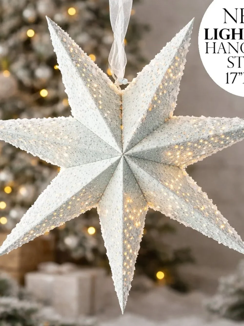 NEW Light Up Battery Operated Flocked Star Christmas Hanging Decoration Decor Ho